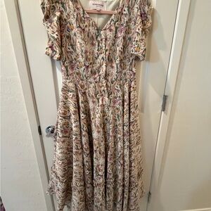 JessaKae Cream Floral Midi Dress with Pink and Green Accents